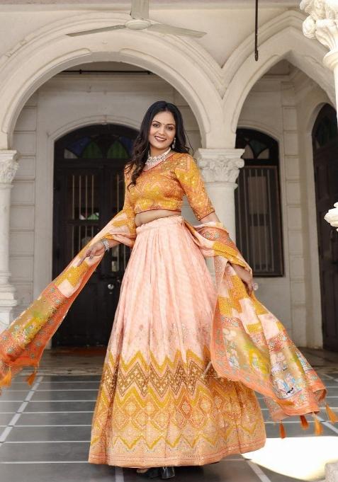 Peach Printed Silk Lehenga Set
