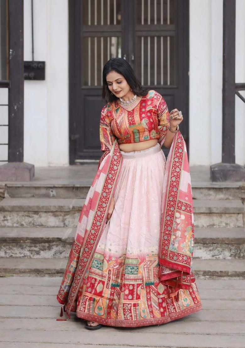 Light Pink Printed Silk Blend Lehenga Set - Indya
