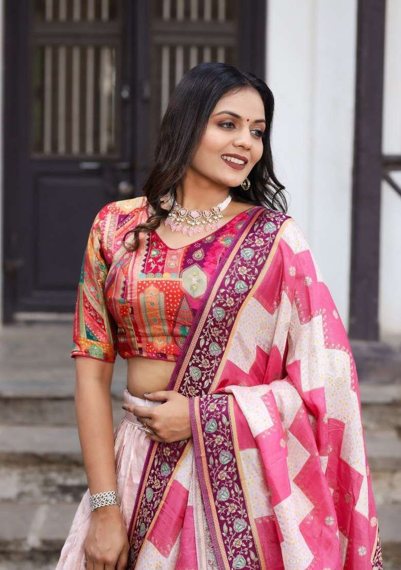 Light Pink Printed Silk Blend Lehenga Set - Indya