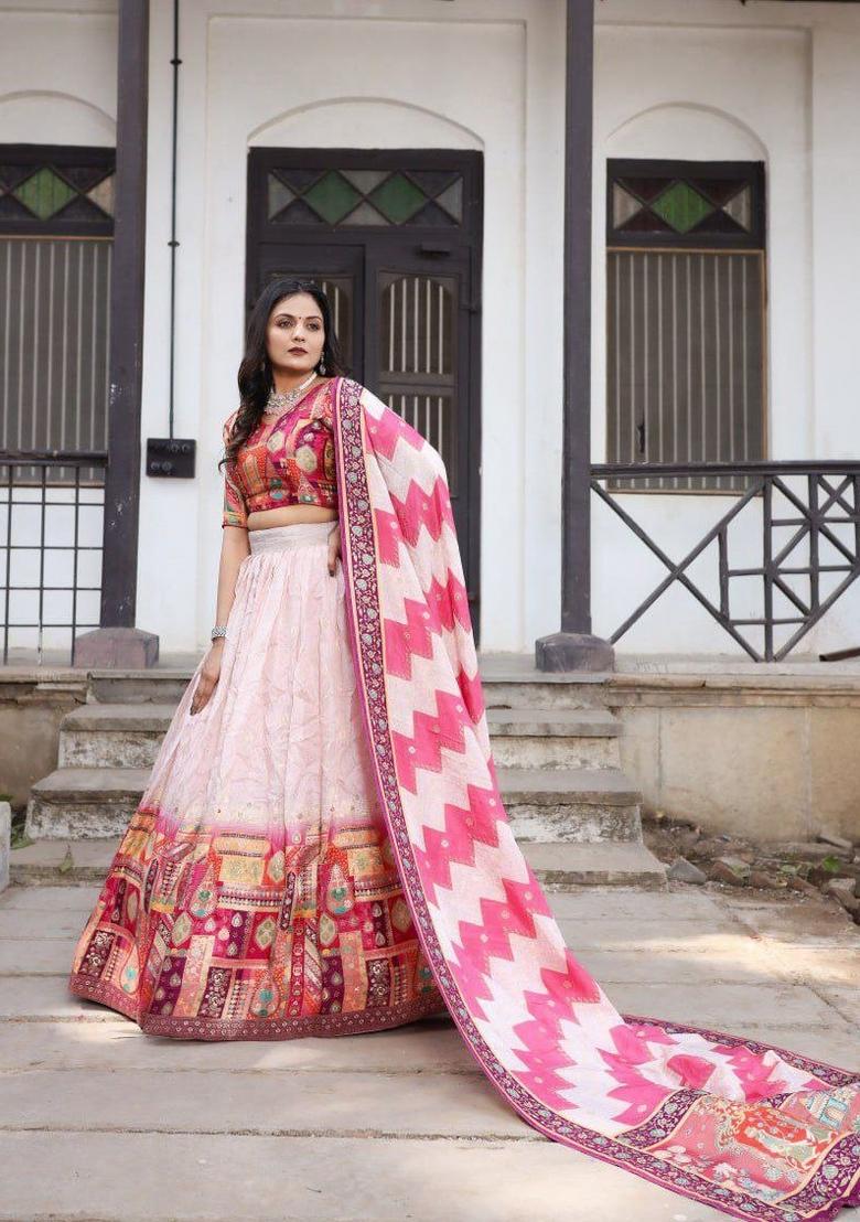 Light Pink Printed Silk Blend Lehenga Set - Indya