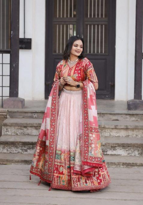 Light Pink Printed Silk Lehenga Set