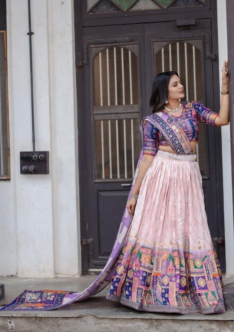 Light Pink Printed Silk Blend Lehenga Set - Indya