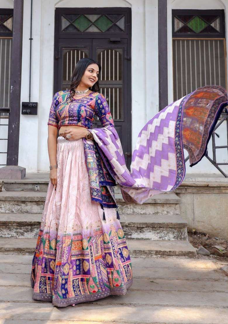 Light Pink Printed Silk Blend Lehenga Set - Indya