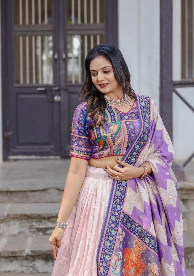 Light Pink Printed Silk Blend Lehenga Set - Indya