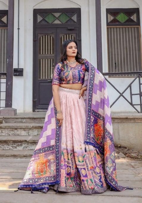Light Pink Printed Silk Lehenga Set