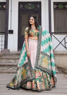 Light Pink Printed Silk Lehenga Set