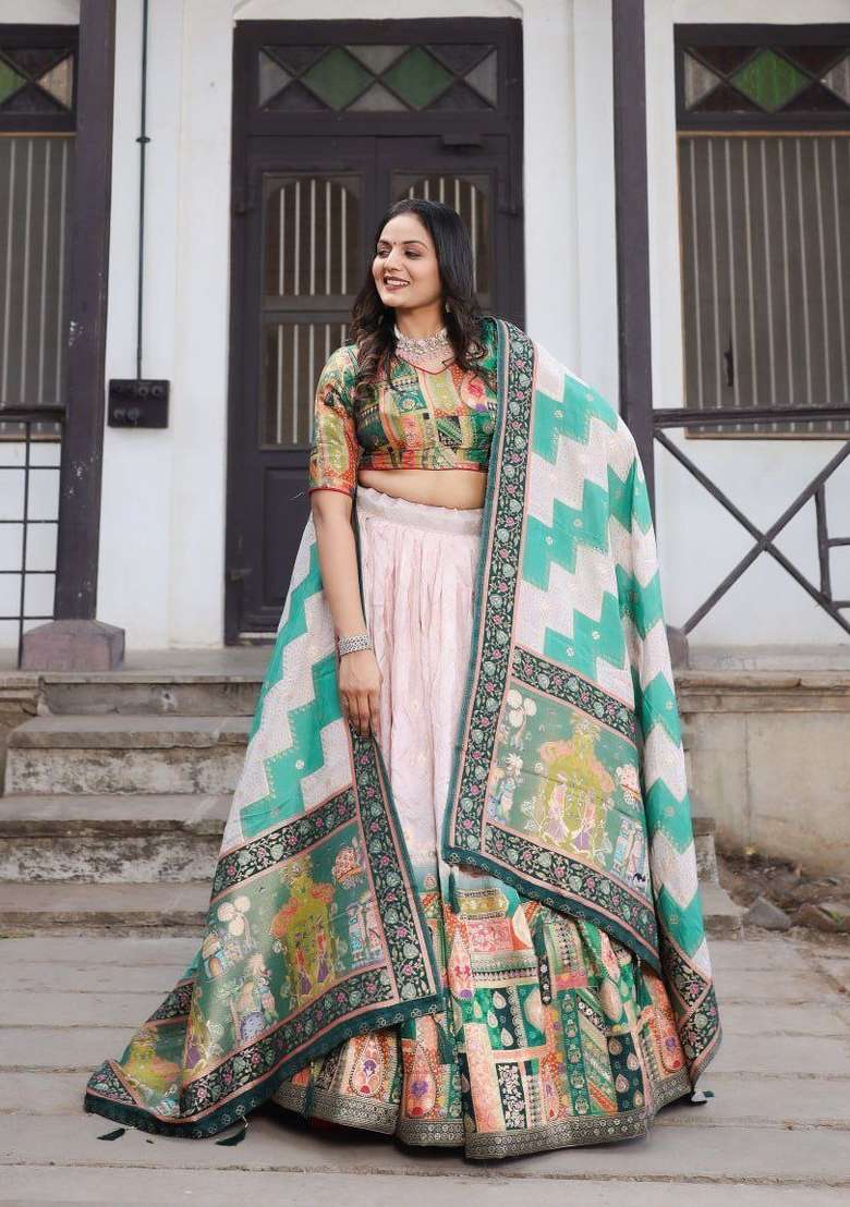 Light Pink Printed Silk Blend Lehenga Set - Indya