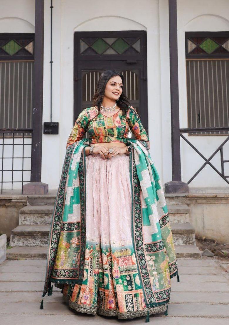 Light Pink Printed Silk Blend Lehenga Set - Indya
