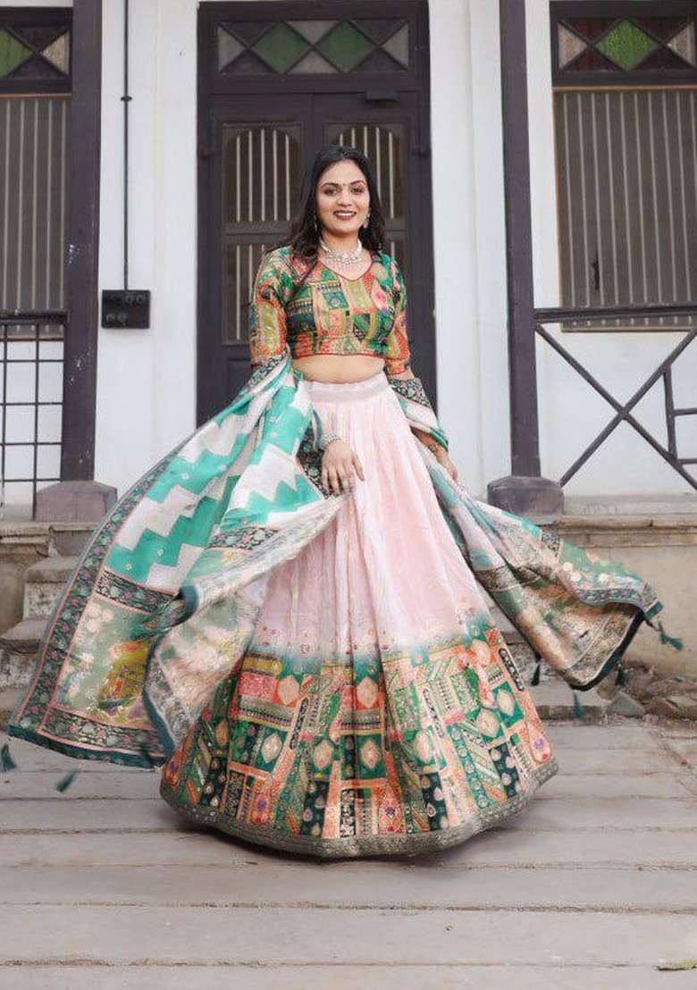 Light Pink Printed Silk Blend Lehenga Set - Indya