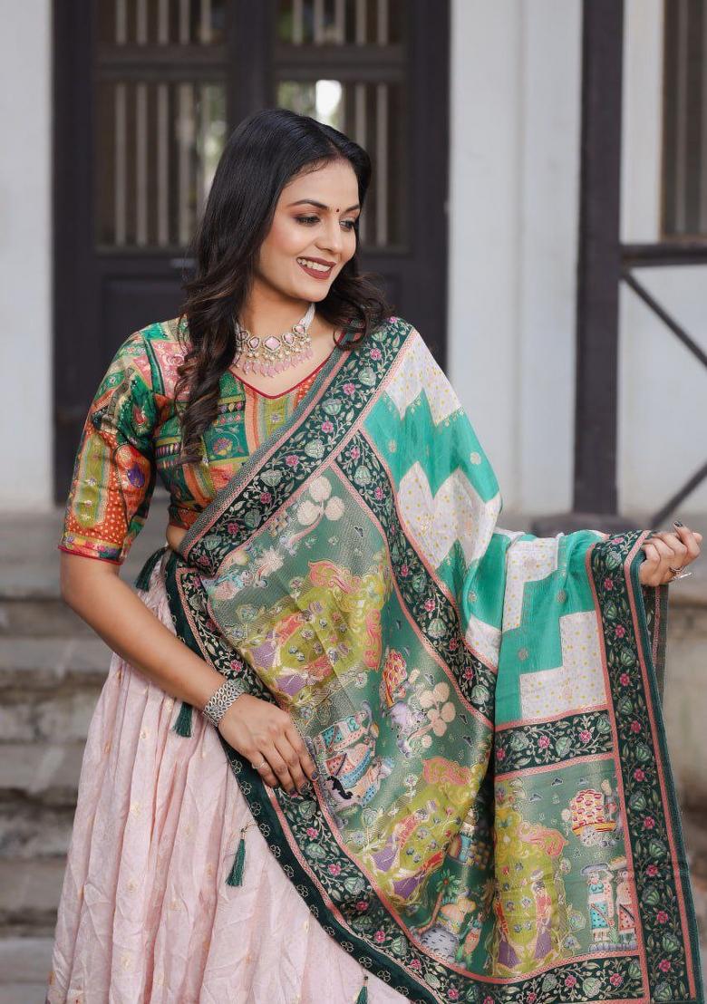 Light Pink Printed Silk Blend Lehenga Set - Indya