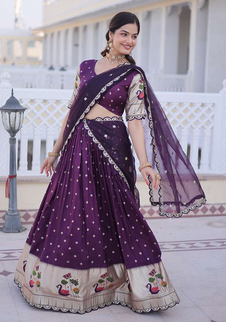 Wine Sequin Silk Blend Lehenga Set - Indya