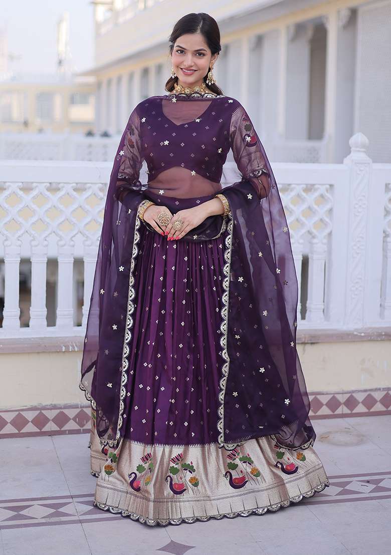 Wine Sequin Silk Blend Lehenga Set - Indya