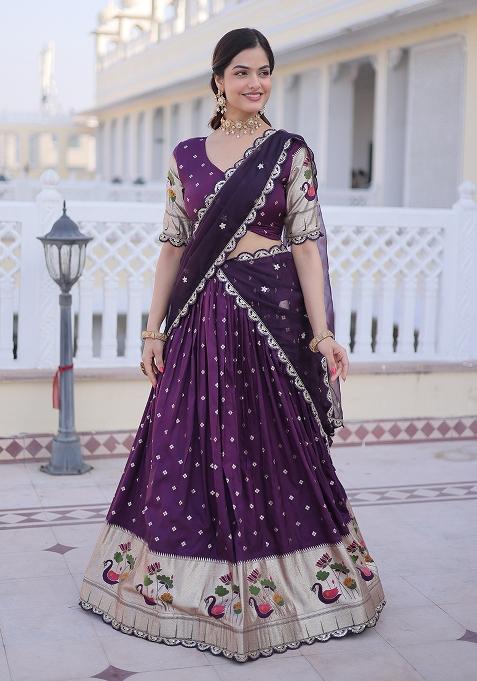 Wine Sequin Silk Lehenga Set