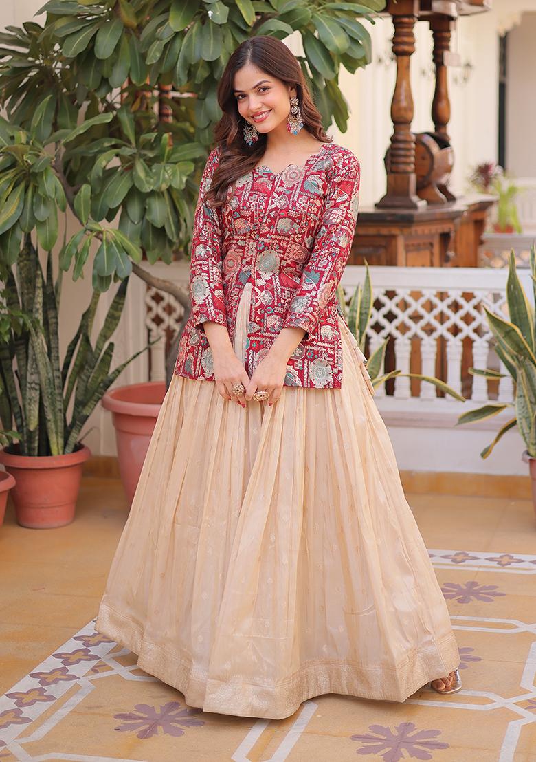 Beige Weaving Cosmos Lehenga Set - Indya