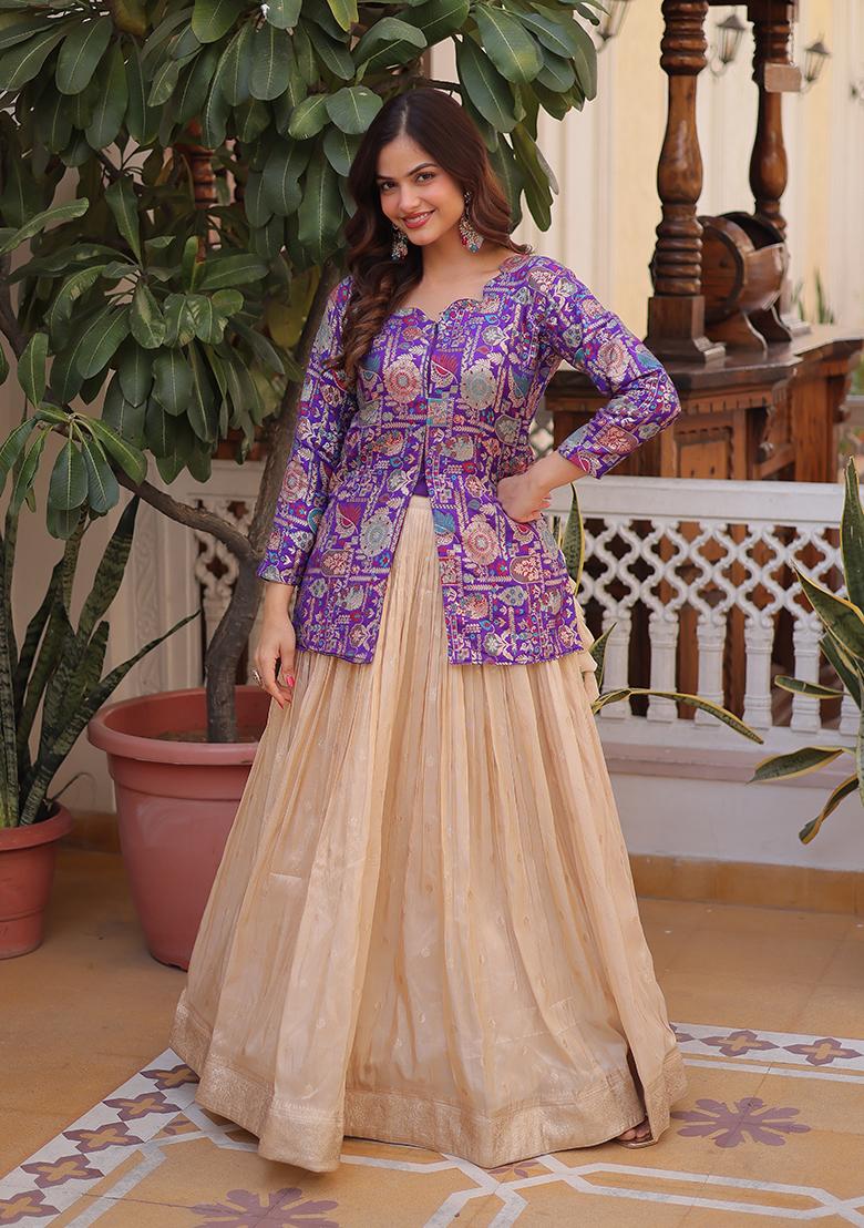 Beige Weaving Cosmos Lehenga Set - Indya