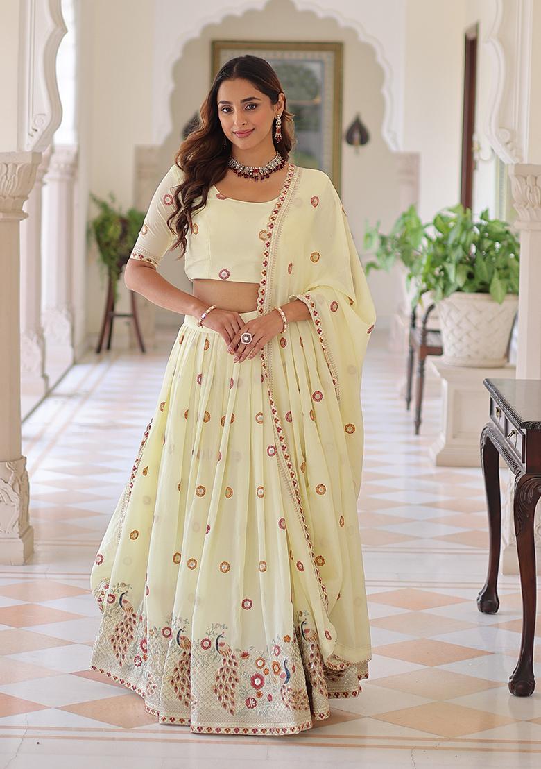 Cream Sequin Silk Blend Lehenga Set - Indya