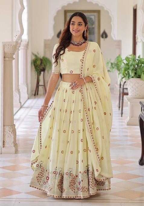 Cream Sequin Silk Lehenga Set