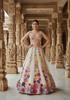 Cream Embroidered Chinon Lehenga Set