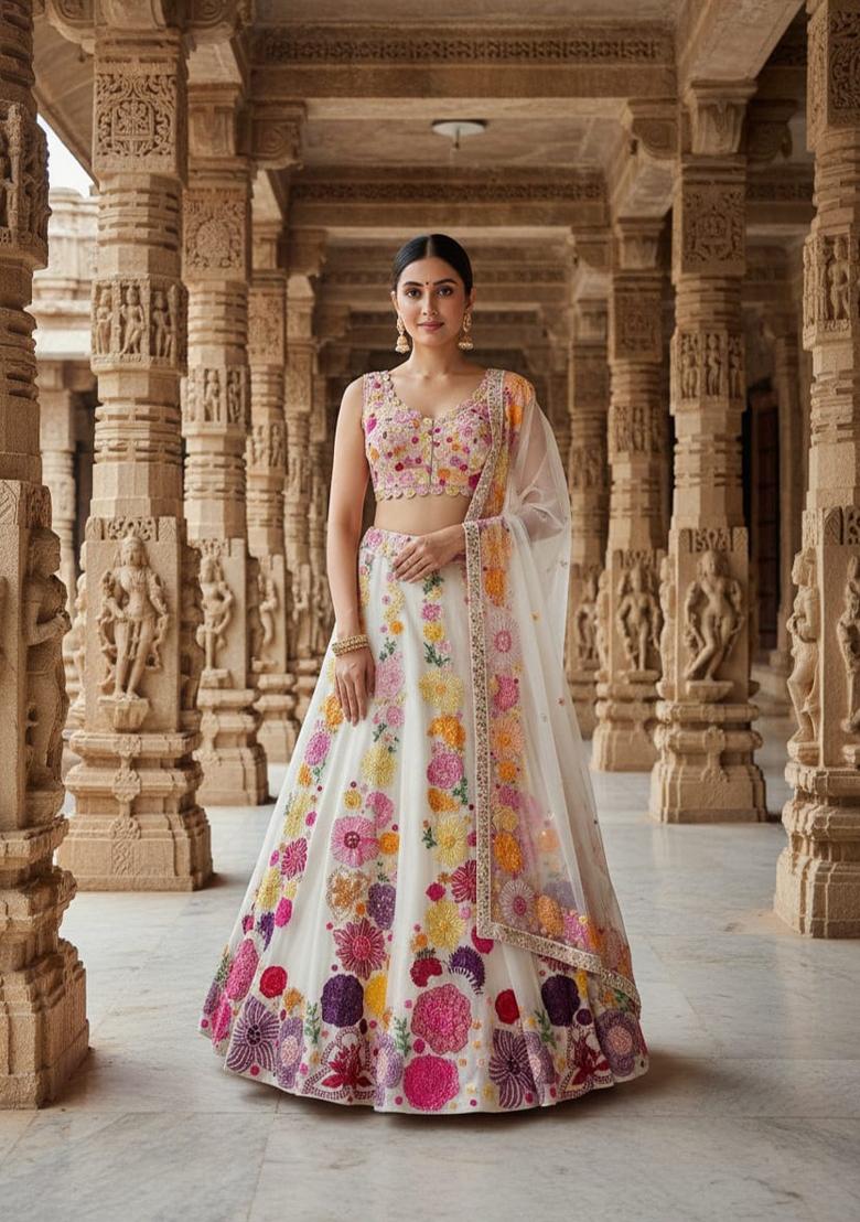 Cream Embroidered Chinon Lehenga Set - Indya