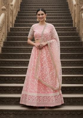 Pink Embroidered Net Lehenga Set