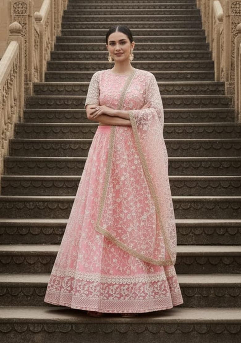 Pink Embroidered Net Lehenga Set - Indya