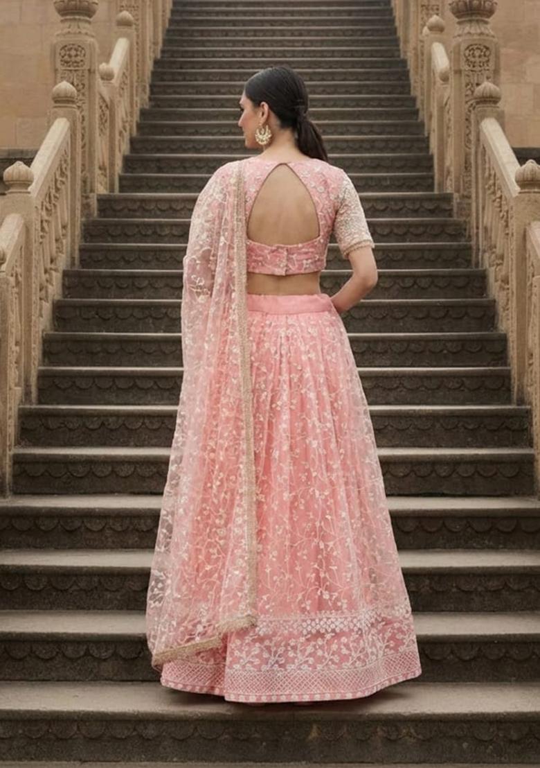 Pink Embroidered Net Lehenga Set - Indya