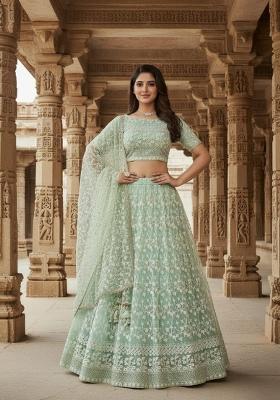 Sea Green Embroidered Net Lehenga Set