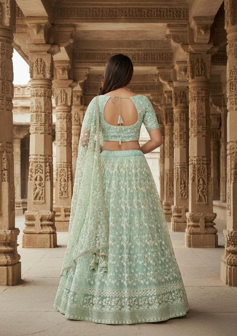 Sea Green Embroidered Net Lehenga Set - Indya