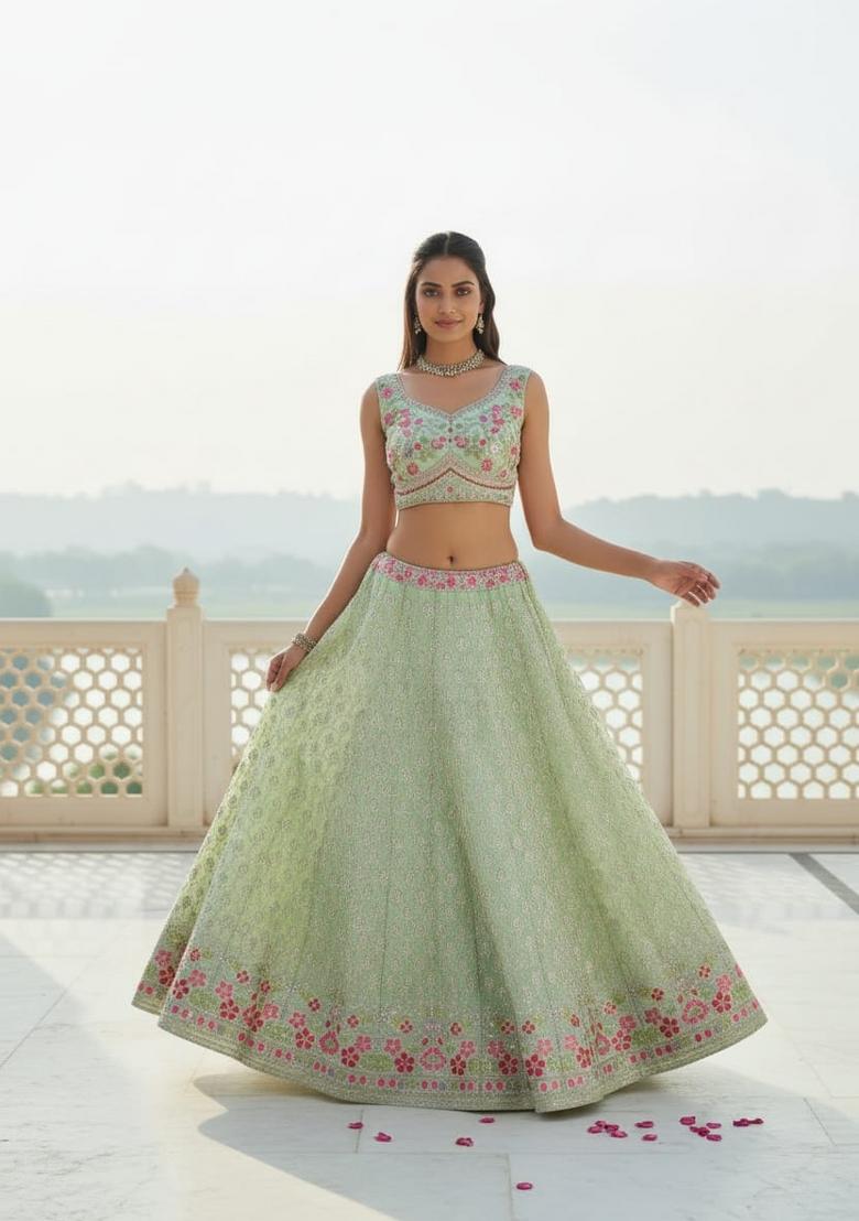 Pista Embroidered Georgette Lehenga Set - Indya