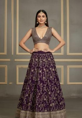 Wine Embroidered Georgette Lehenga Set
