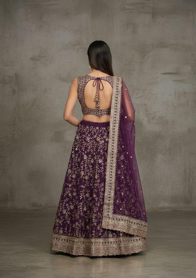 Wine Embroidered Georgette Lehenga Set - Indya