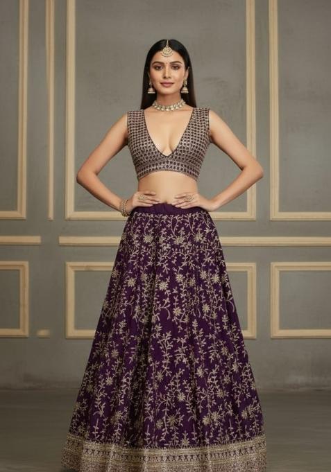Wine Embroidered Georgette Lehenga Set