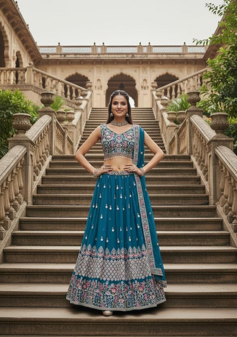 Rama Embroidered Georgette Lehenga Set - Indya