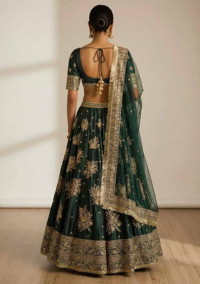 Green Embroidered Crepe Lehenga Set - Indya