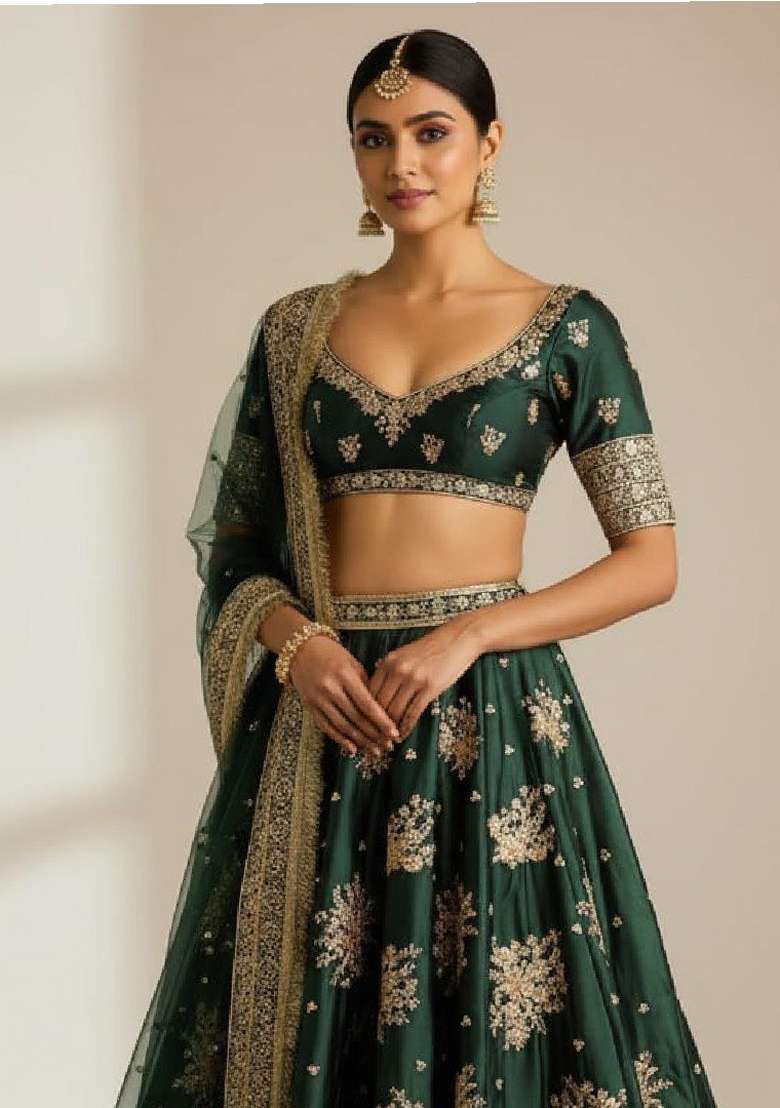 Green Embroidered Crepe Lehenga Set - Indya