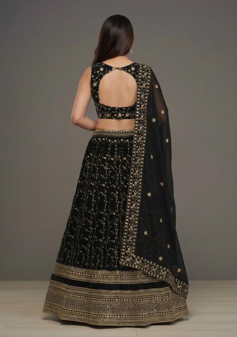 Black Embroidered Georgette Lehenga Set - Indya