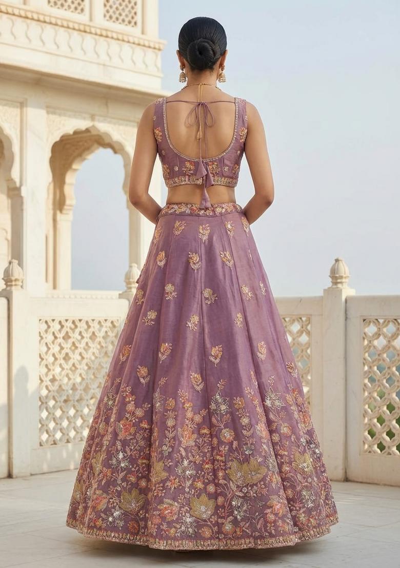 Lavender Embroidered Fandy Lehenga Set - Indya