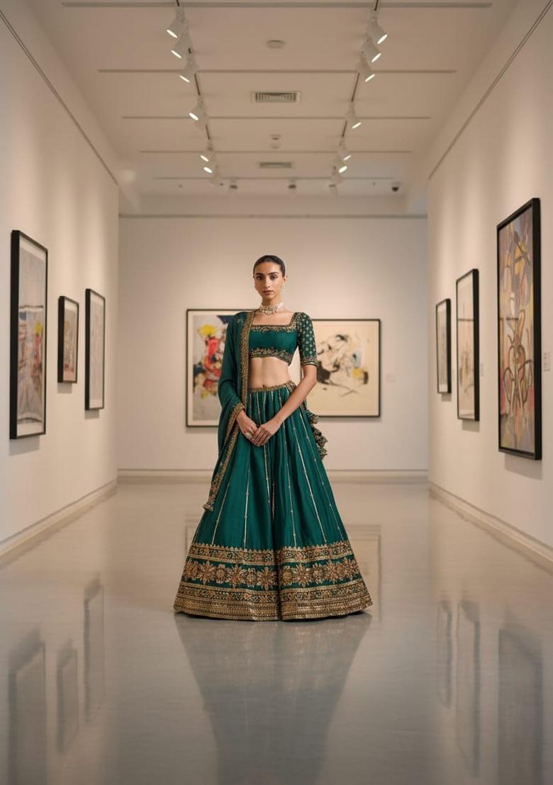 Green Embroidered Vichitra Lehenga Set - Indya