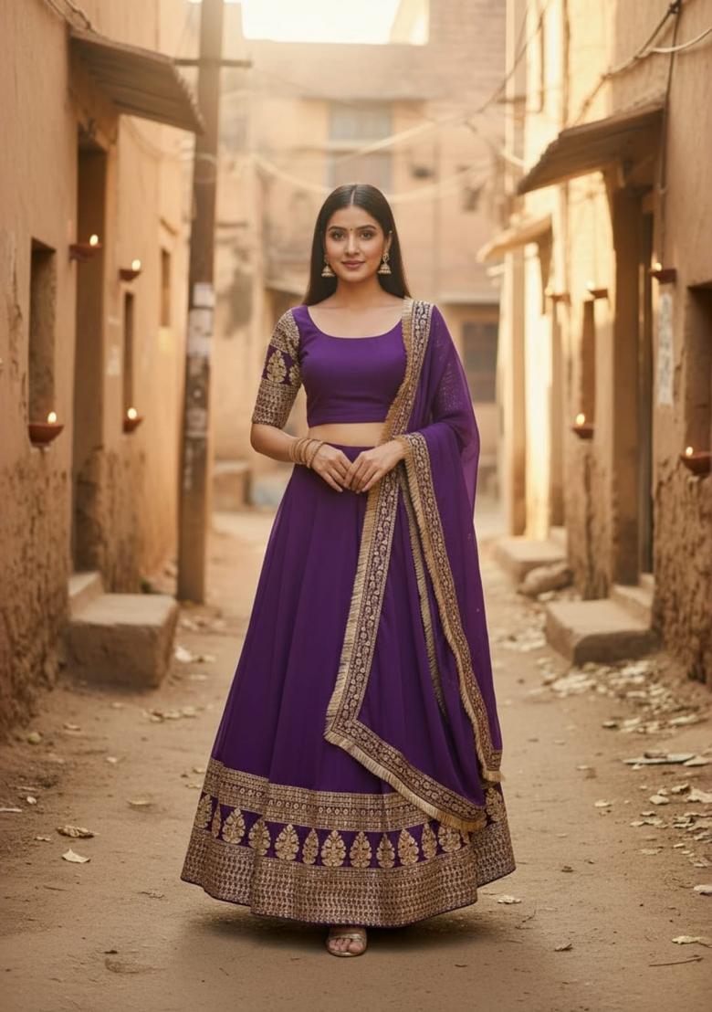 Wine Embroidered Georgette Lehenga Set - Indya