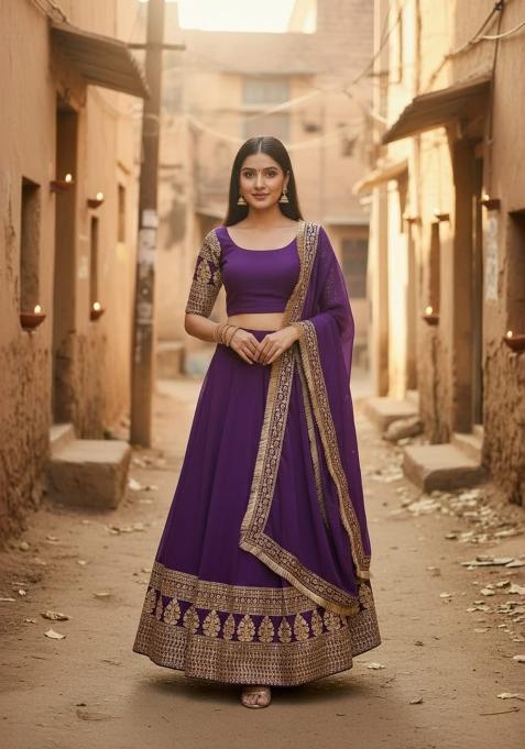 Wine Embroidered Georgette Lehenga Set