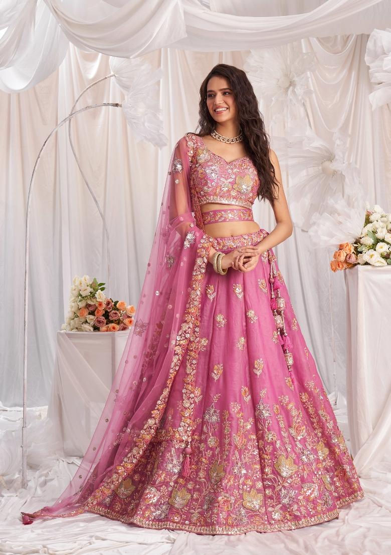 Pink Embroidered Fandy Lehenga Set - Indya