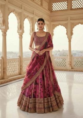 Dark Pink Embroidered Organza Lehenga Set
