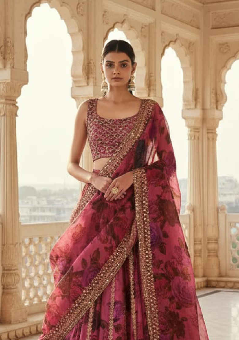 Dark Pink Embroidered Organza Lehenga Set - Indya