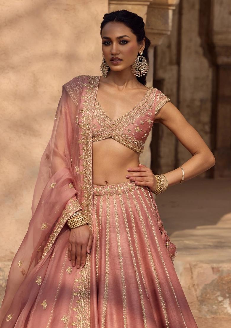 Peach Embroidered Fancy Fabric Lehenga Set - Indya