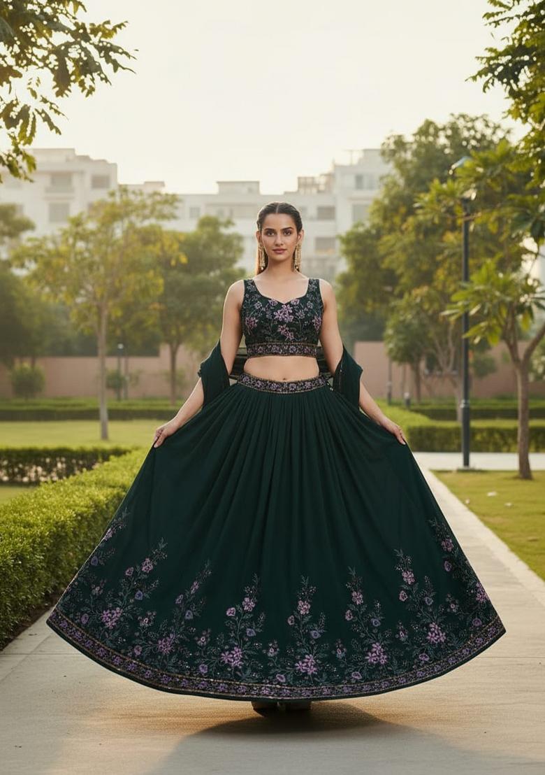 Dark Green Embroidered Georgette Lehenga Set - Indya