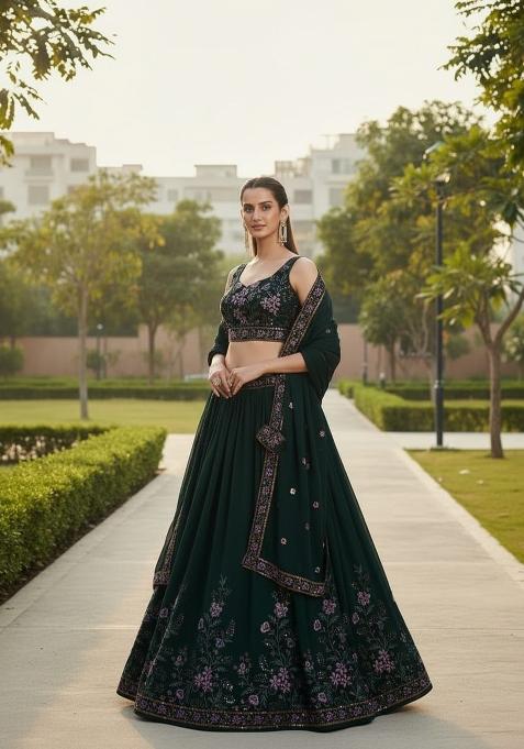 Dark Green Embroidered Georgette Lehenga Set