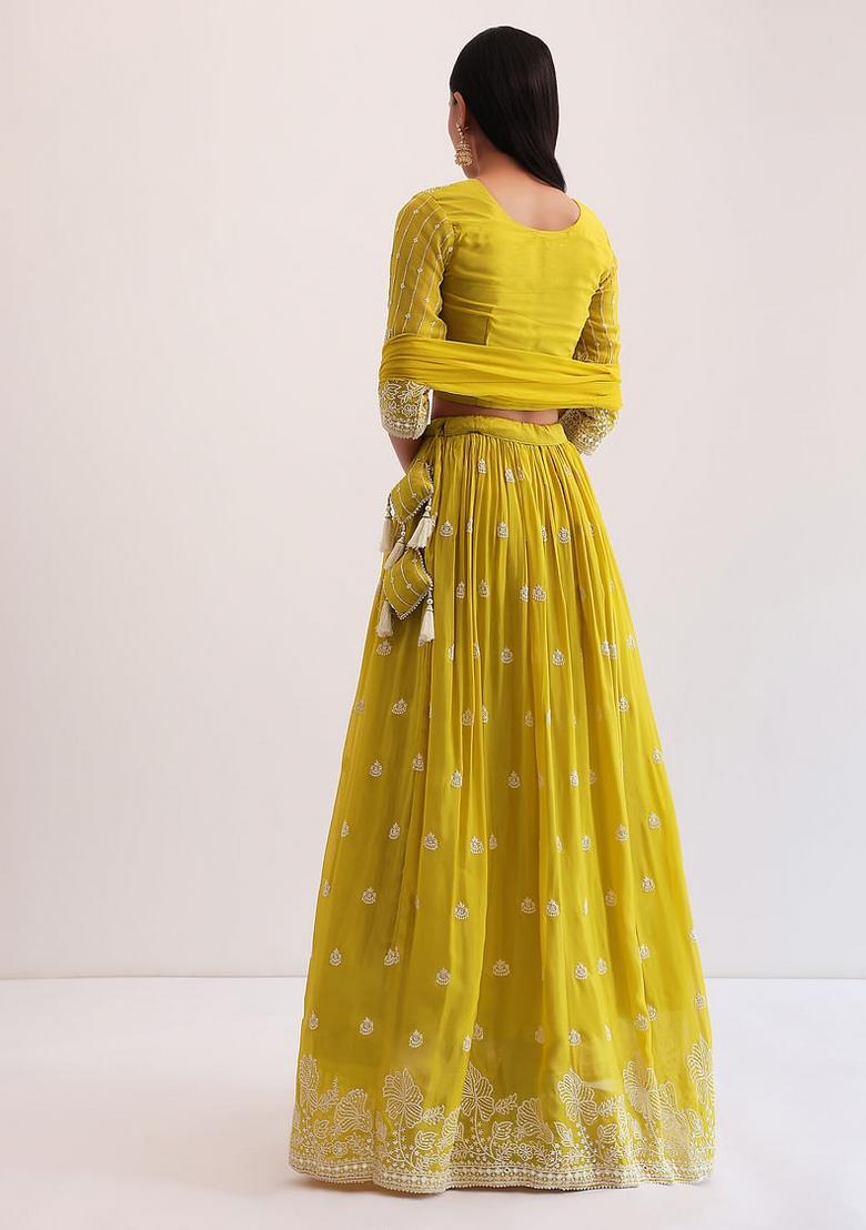 Parrot Green Embroidered Georgette Lehenga Set - Indya