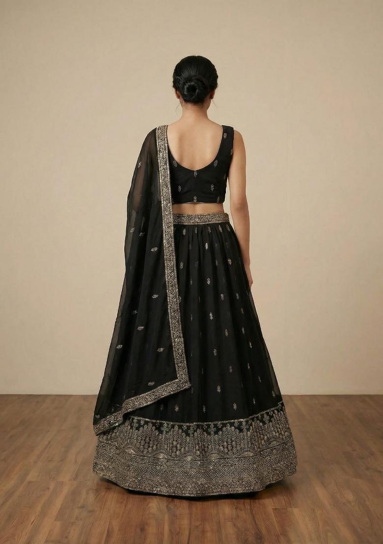 Black Embroidered Georgette Lehenga Set - Indya