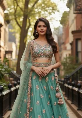 Sea Green Embroidered Fandy Lehenga Set