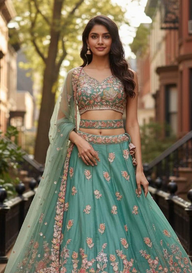 Sea Green Embroidered Fandy Lehenga Set - Indya